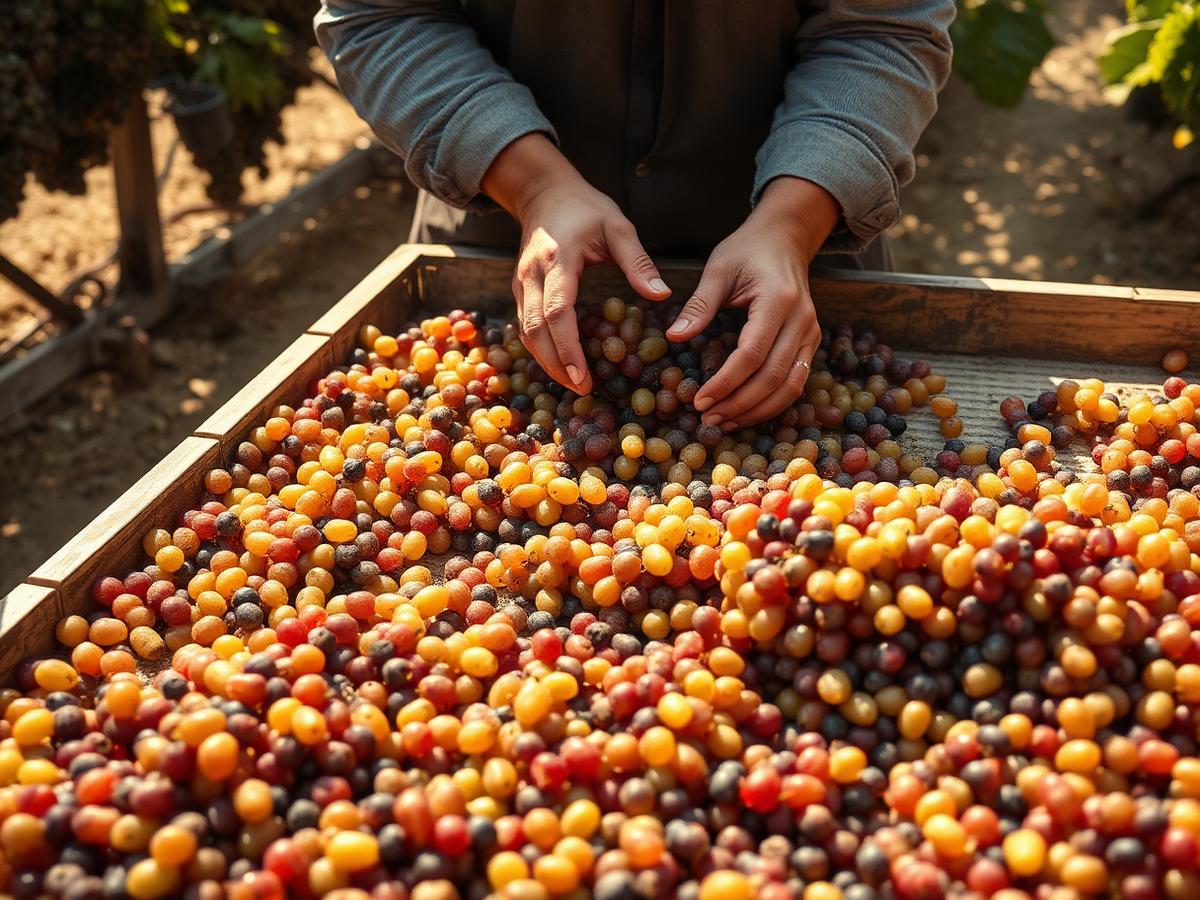 Winemaker hands sorting freshly picked grapes on a sorting table